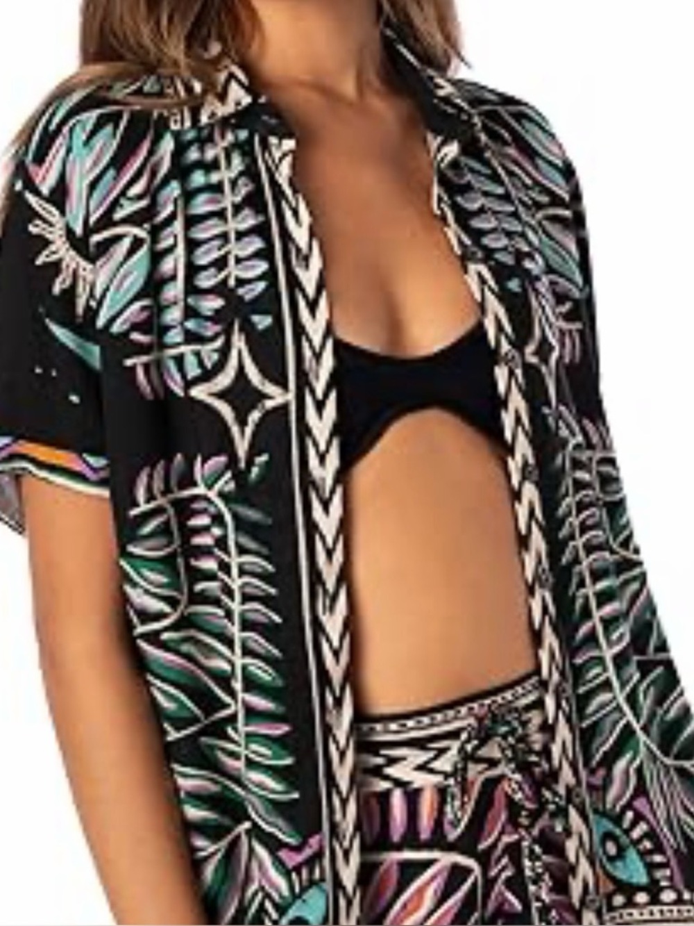Maaji Black Short-Sleeve Button-Down Shirt with Multicolor Tropical Print